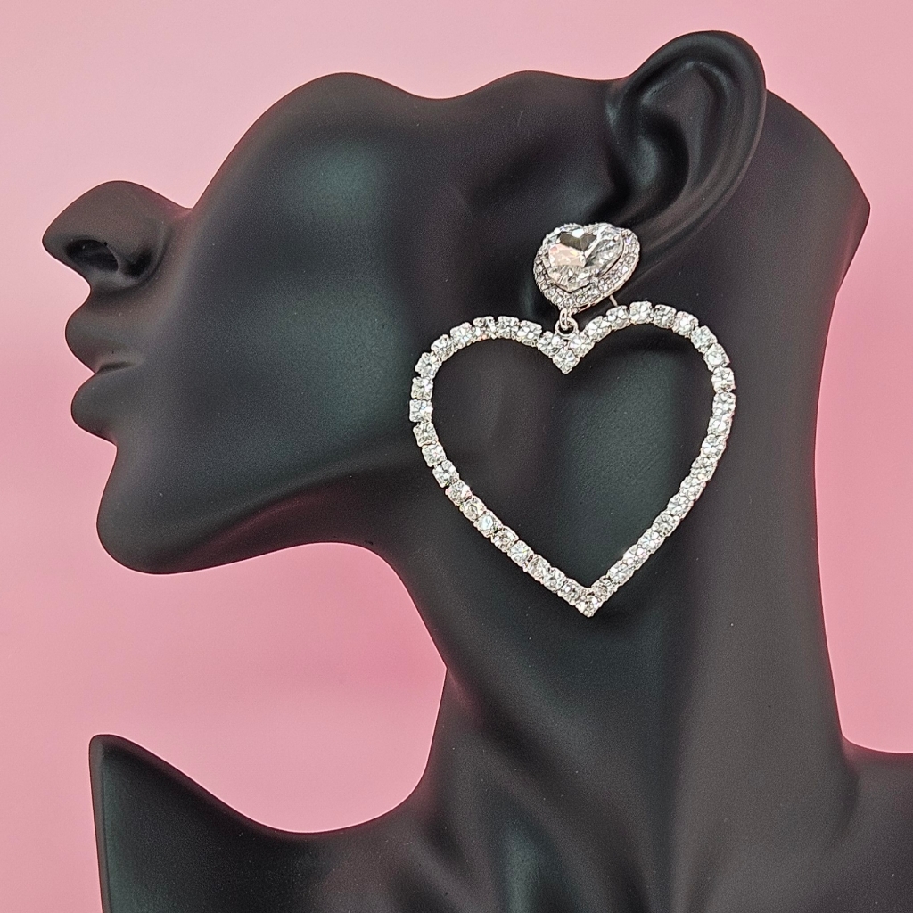 Kenneth Jay Lane Earrings 2.75" Silver Tone Crystal Hearts Formal Vacation